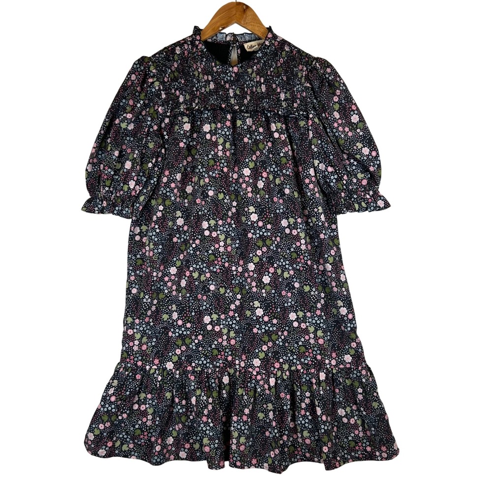 Celina Moon Floral Smocked Mock Neck Puff Sleeve Babydoll Mini Dress Medium